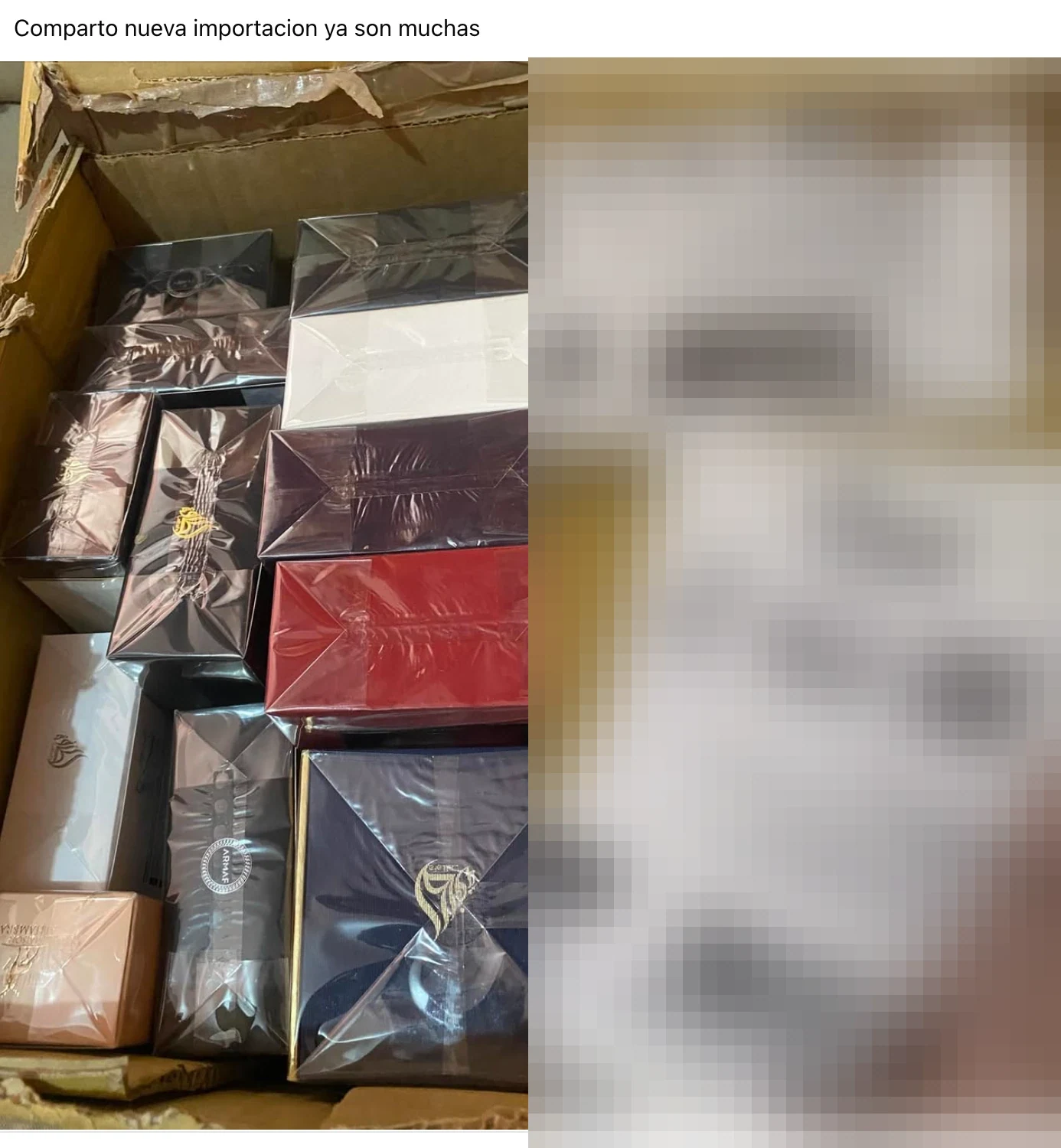 Publicación de Facebook con una caja llena de perfumes de marca. La zona de las guías de envío está pixelada porque contenía datos personales.
