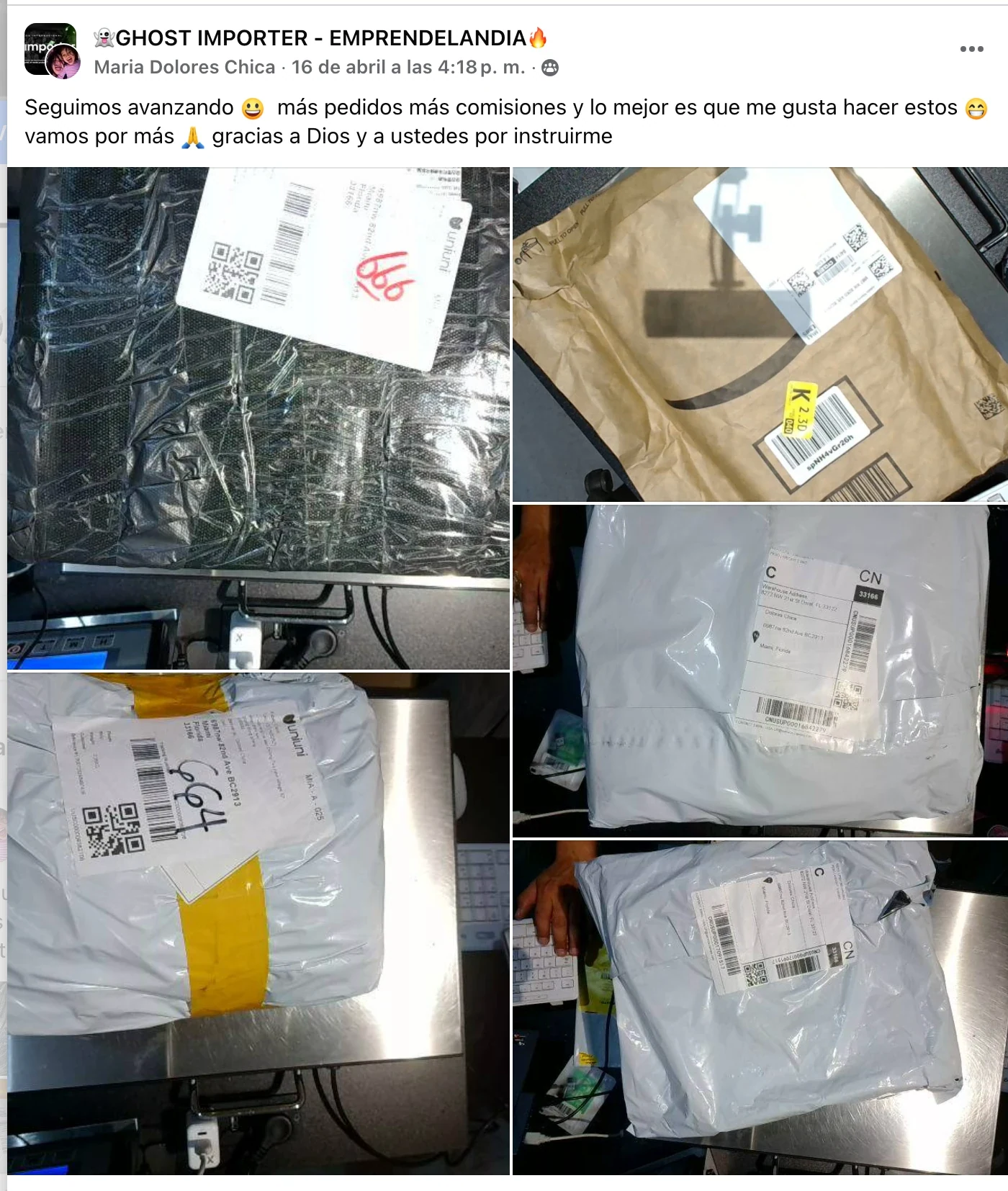 Publicación de Facebook de Maria Dolores Chica en el grupo Ghost Importer: más pedidos, más comisiones, con paquetes sobre una báscula de envíos.