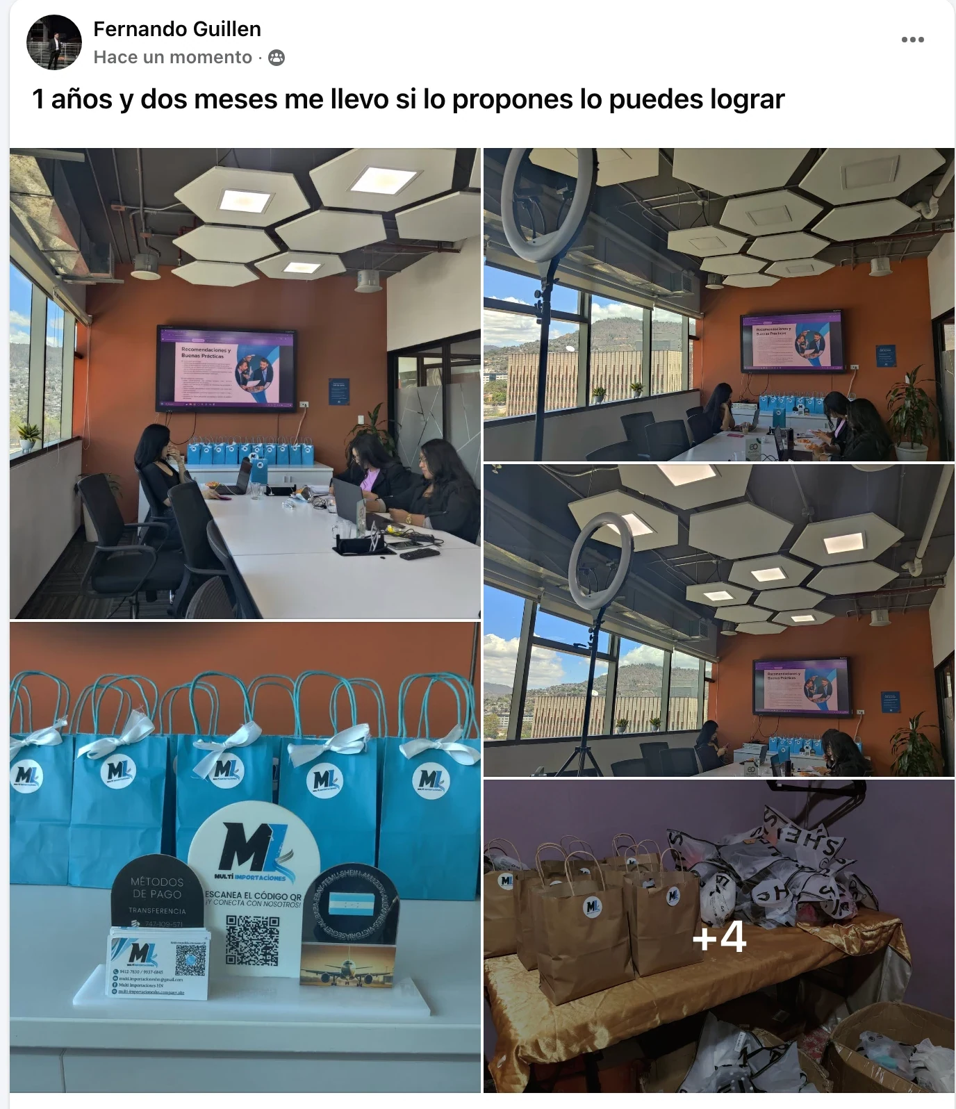 Publicación de Facebook de Fernando Guillen: un año y dos meses le llevó; fotos de su oficina y de una capacitación con su propia marca.