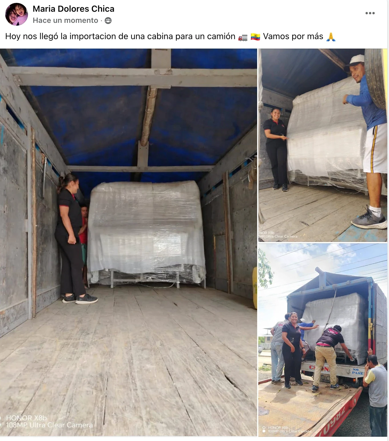 Publicación de Facebook de Maria Dolores Chica: le llegó la importación de una cabina para un camión.