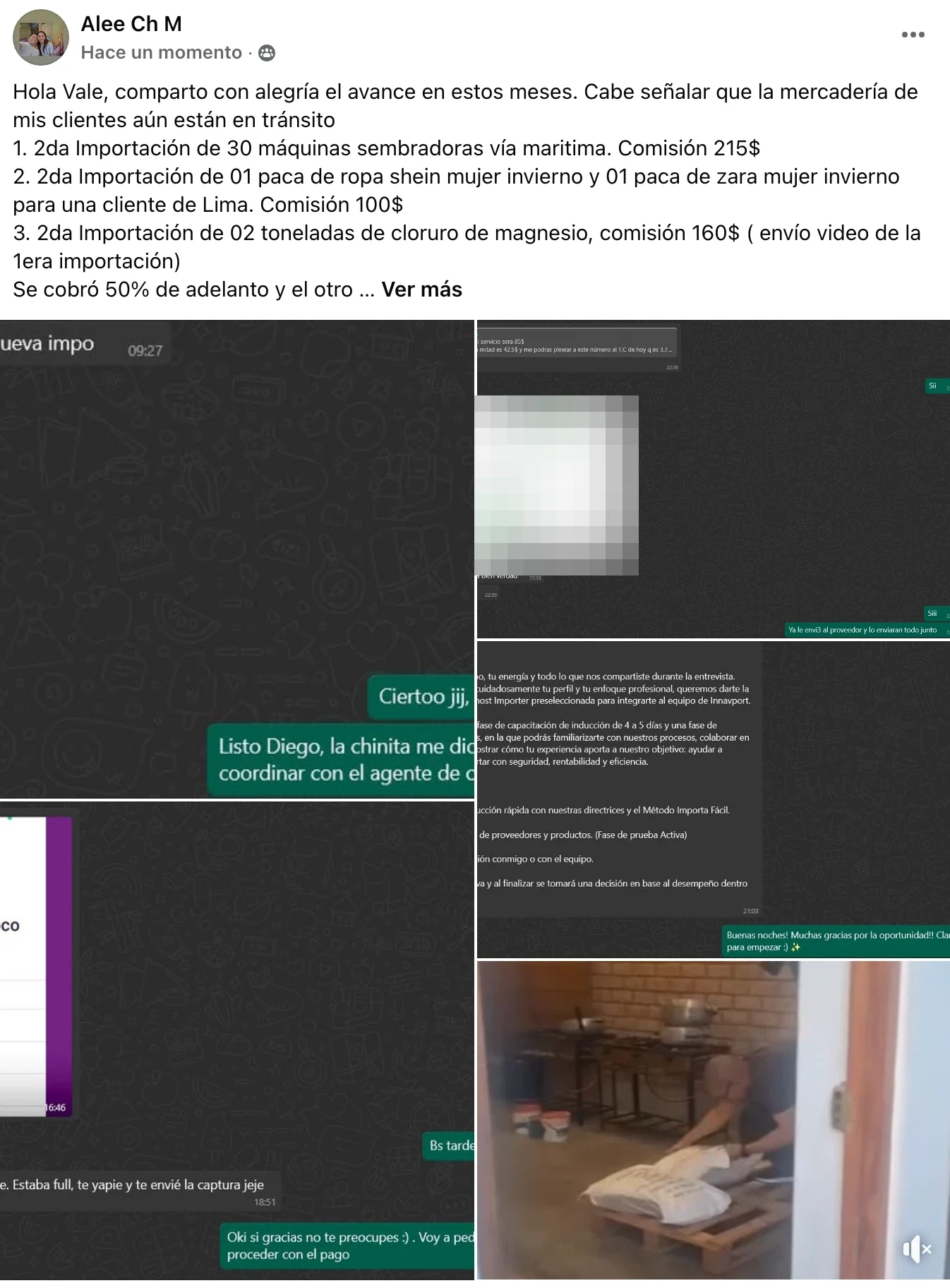 Publicación de Facebook de Alee Ch M con tres importaciones y sus comisiones: 215, 100 y 160 dólares, con las conversaciones de los clientes.