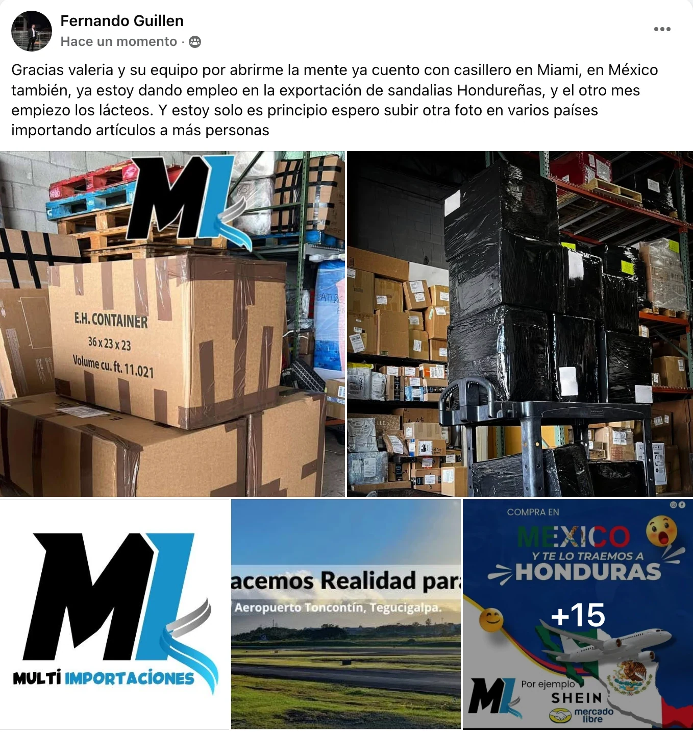 Publicación de Facebook de Fernando Guillen: ya tiene casillero en Miami y en México y da empleo exportando sandalias hondureñas.